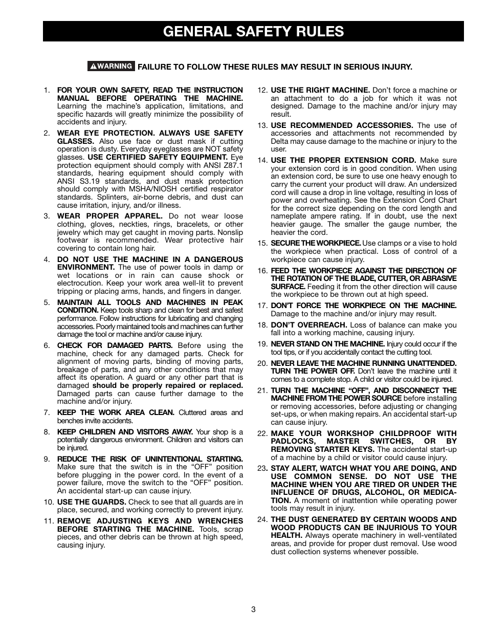 General safety rules | Delta BS150LS User Manual | Page 3 / 25