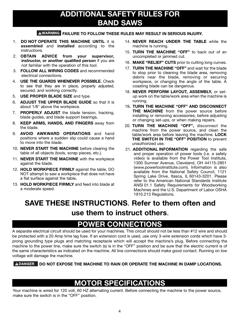 Power connections motor specifications, Additional safety rules for band saws | Delta BS150LS User Manual | Page 4 / 25