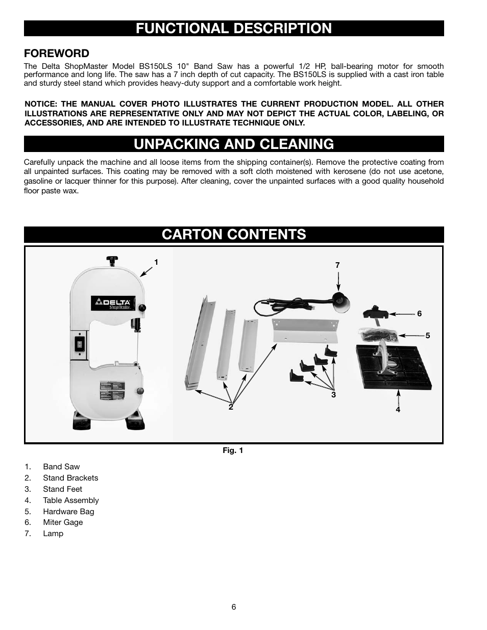 Functional description, Carton contents, Unpacking and cleaning | Foreword | Delta BS150LS User Manual | Page 6 / 25