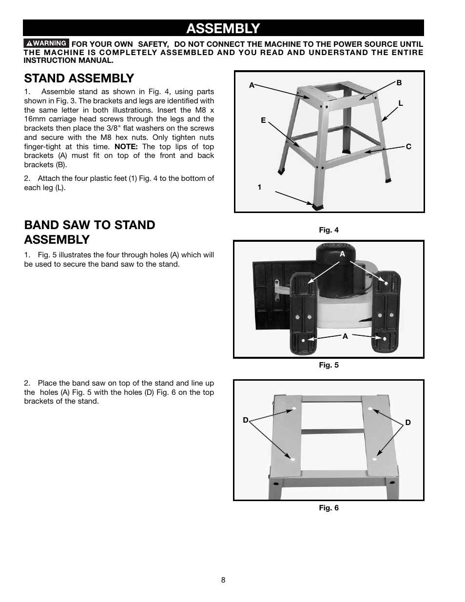 Assembly, Stand assembly, Band saw to stand assembly | Delta BS150LS User Manual | Page 8 / 25