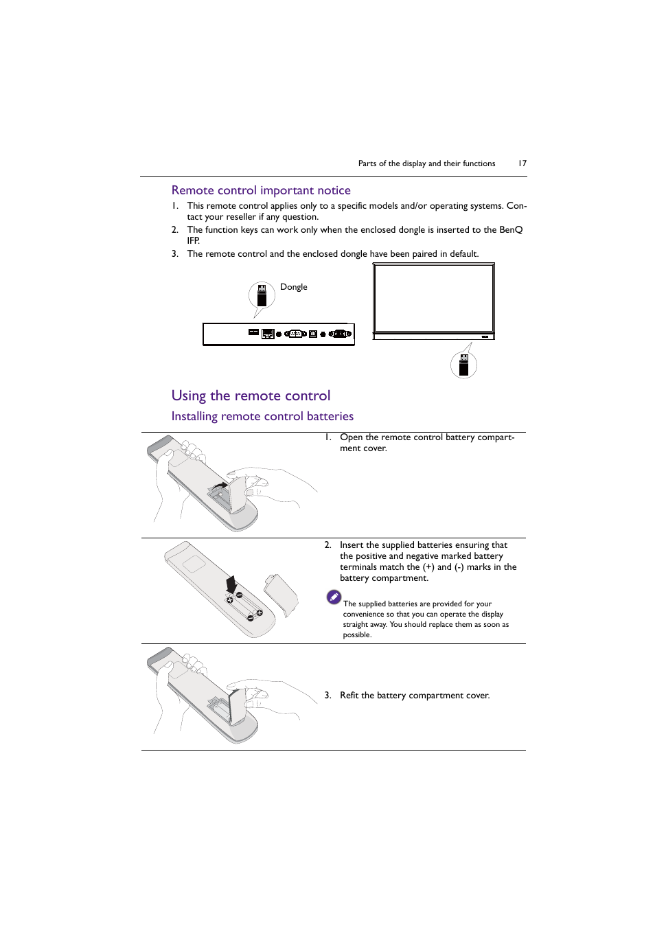 Using the remote control, Remote control important notice, Installing remote control batteries | BenQ RM8602K 86" Class 4K UHD Educational Touchscreen LED Display User Manual | Page 17 / 81