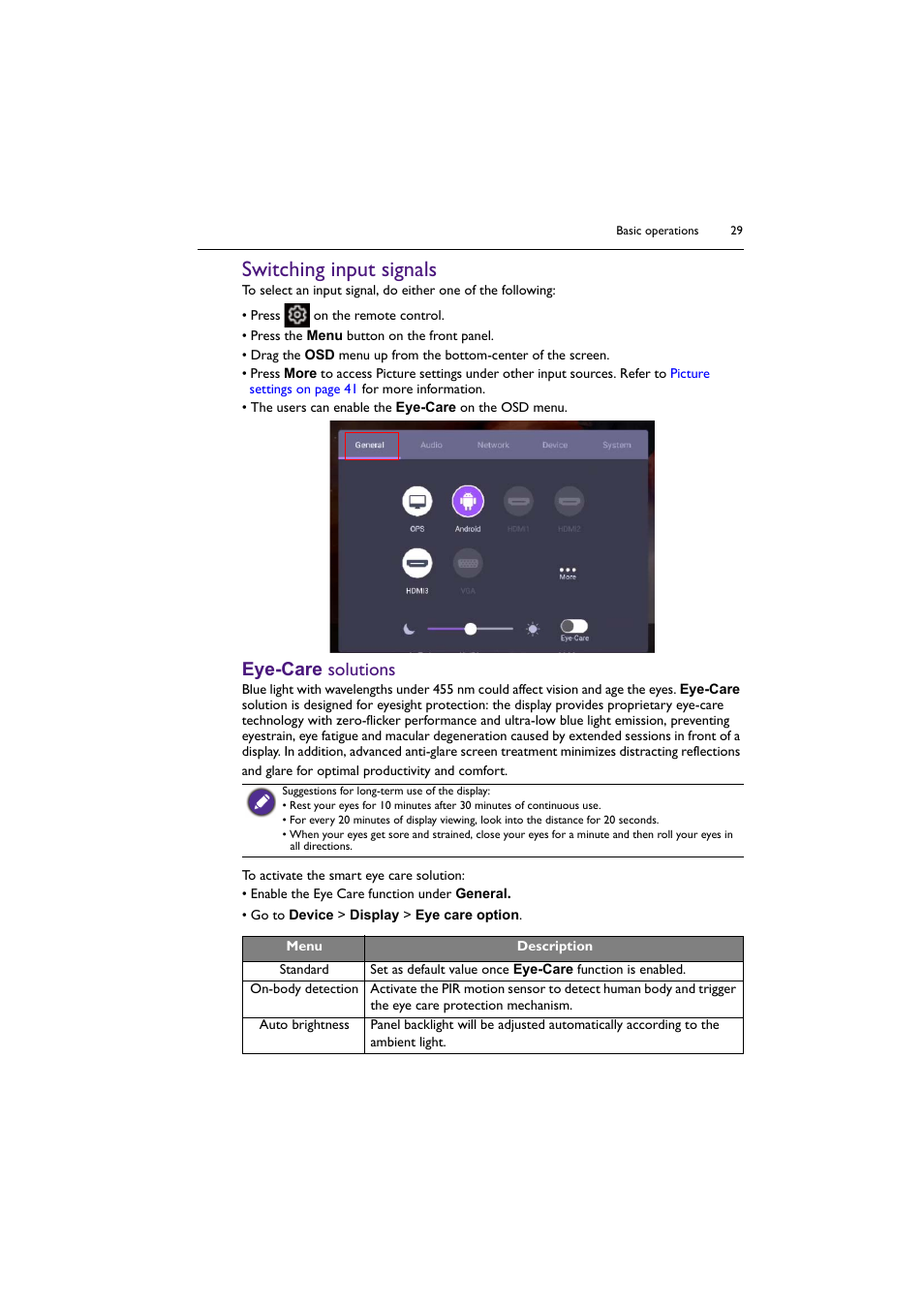 Switching input signals, Eye-care solutions | BenQ RM8602K 86" Class 4K UHD Educational Touchscreen LED Display User Manual | Page 29 / 81