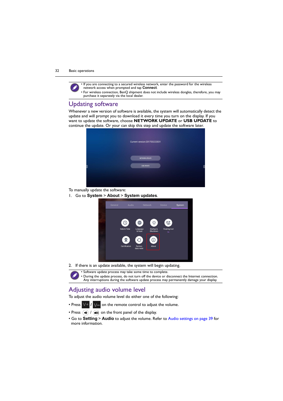 Updating software, Adjusting audio volume level, Updating software adjusting audio volume level | BenQ RM8602K 86" Class 4K UHD Educational Touchscreen LED Display User Manual | Page 32 / 81