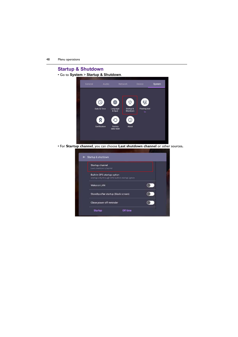 Startup, Shutdown, Startup & shutdown | BenQ RM8602K 86" Class 4K UHD Educational Touchscreen LED Display User Manual | Page 48 / 81