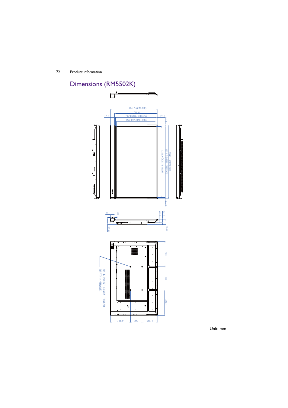 Dimensions (rm5502k), Unit: mm, Product information 72 | BenQ RM8602K 86" Class 4K UHD Educational Touchscreen LED Display User Manual | Page 72 / 81