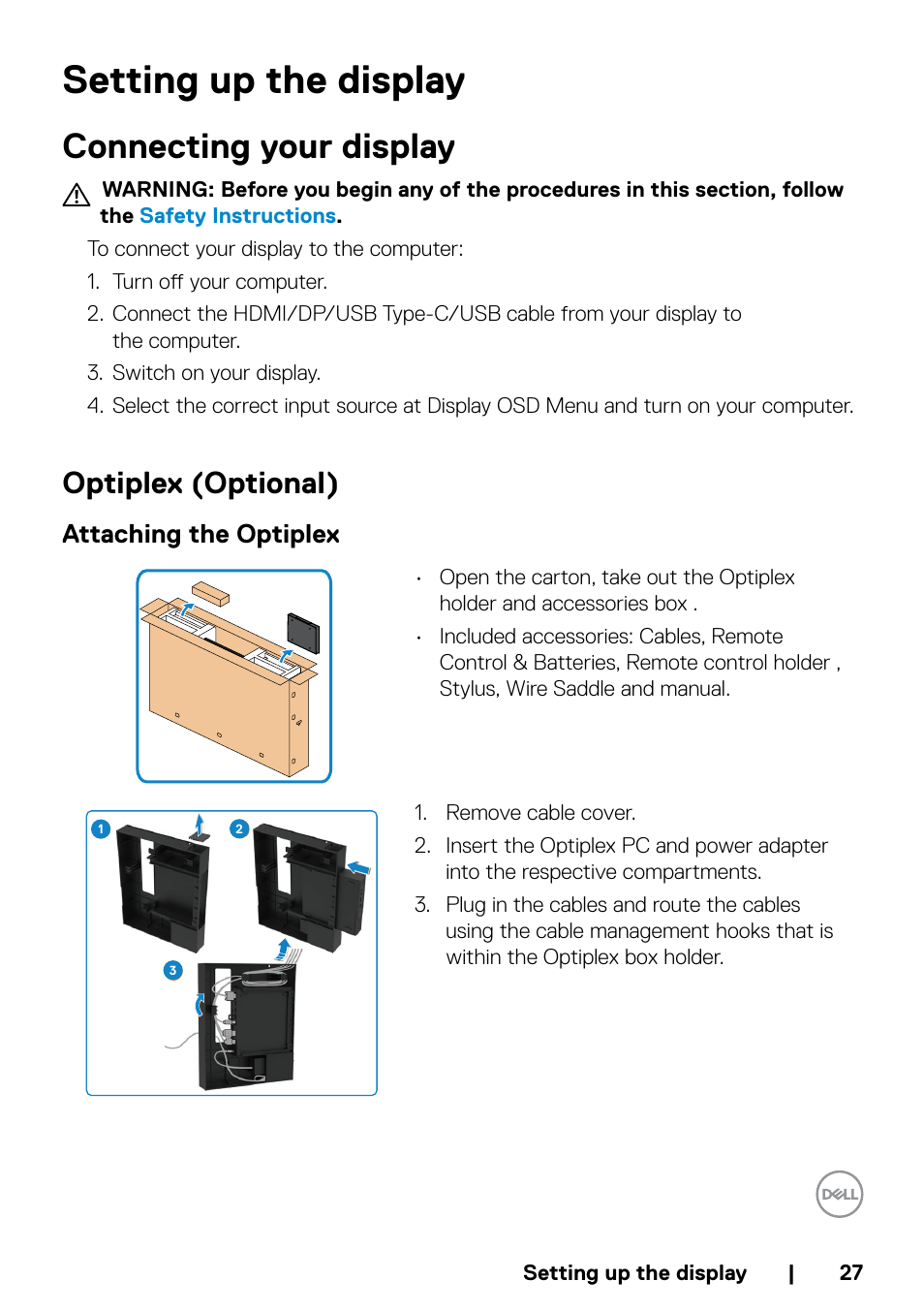 Setting up the display, Connecting your display, Optiplex (optional) | Attaching the optiplex | Dell P5524QT 55" UHD 4K Touchscreen Commercial Monitor User Manual | Page 27 / 75