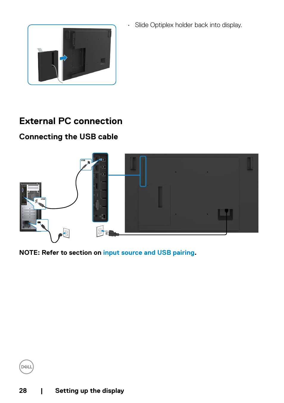 External pc connection, Connecting the usb cable | Dell P5524QT 55" UHD 4K Touchscreen Commercial Monitor User Manual | Page 28 / 75