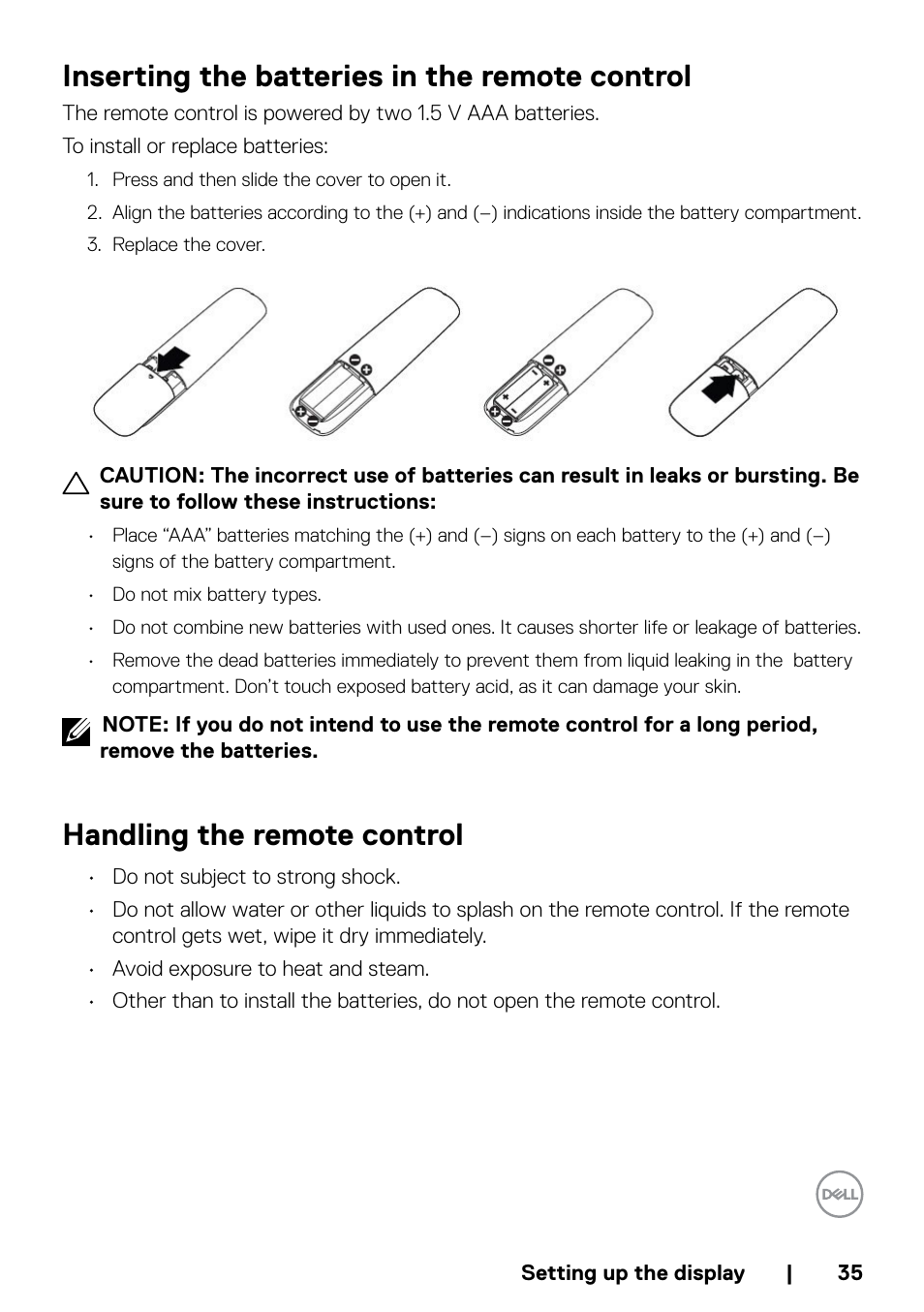 Inserting the batteries in the remote control, Handling the remote control | Dell P5524QT 55" UHD 4K Touchscreen Commercial Monitor User Manual | Page 35 / 75