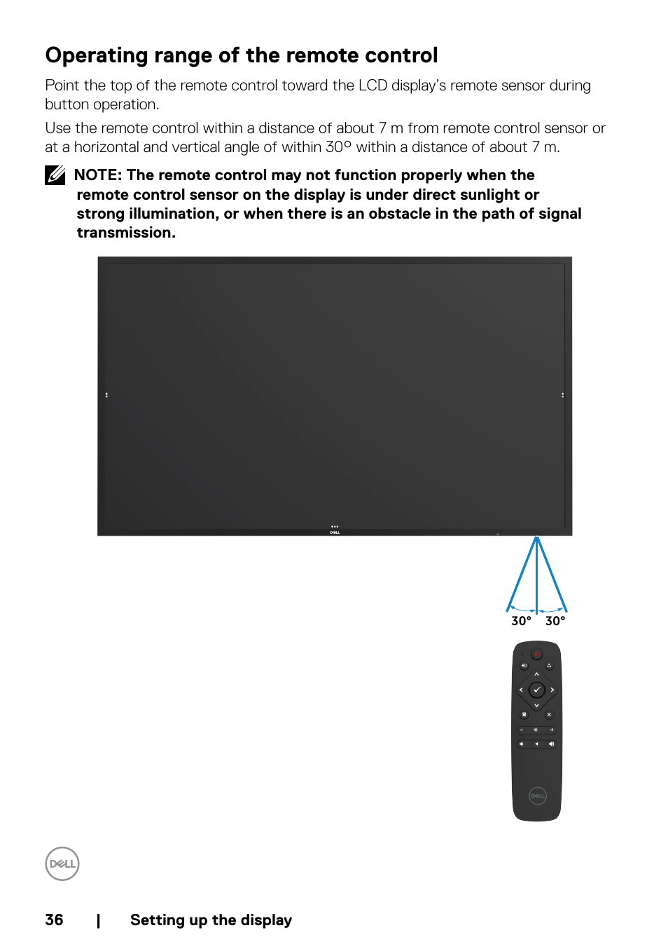 Operating range of the remote control | Dell P5524QT 55" UHD 4K Touchscreen Commercial Monitor User Manual | Page 36 / 75