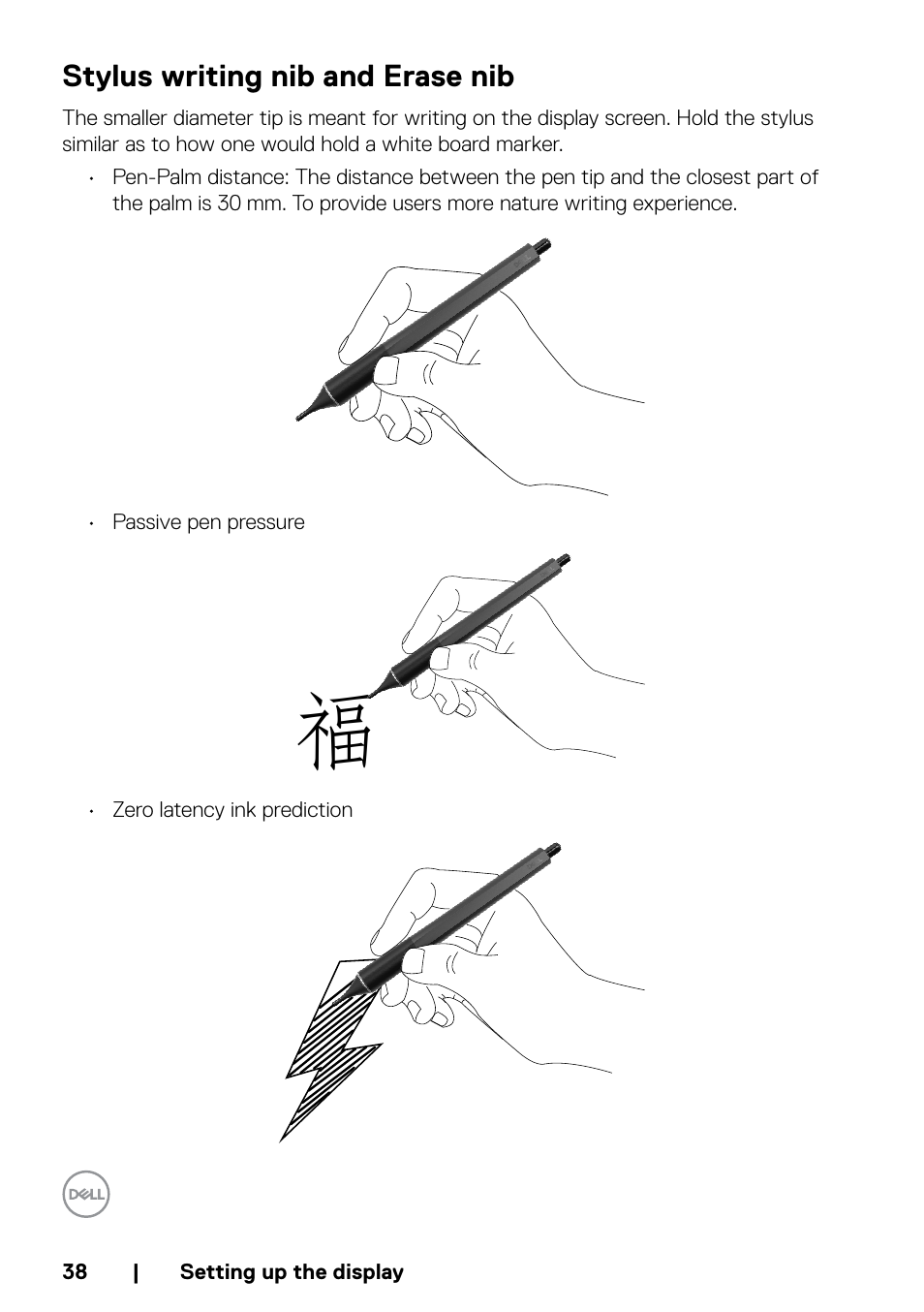 Stylus writing nib and erase nib | Dell P5524QT 55" UHD 4K Touchscreen Commercial Monitor User Manual | Page 38 / 75