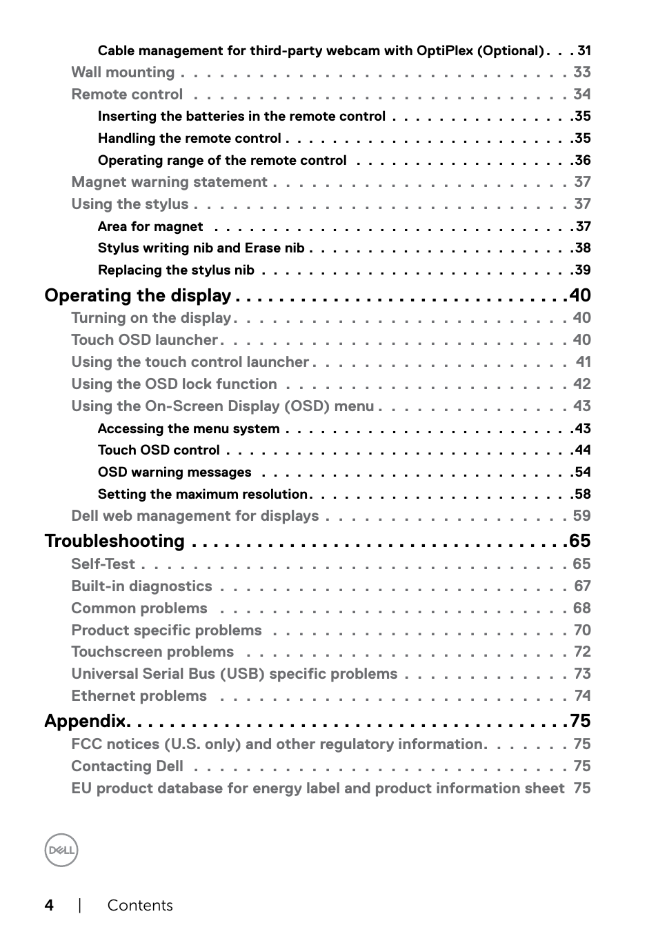 Operating the display, Troubleshooting, Appendix | Dell P5524QT 55" UHD 4K Touchscreen Commercial Monitor User Manual | Page 4 / 75