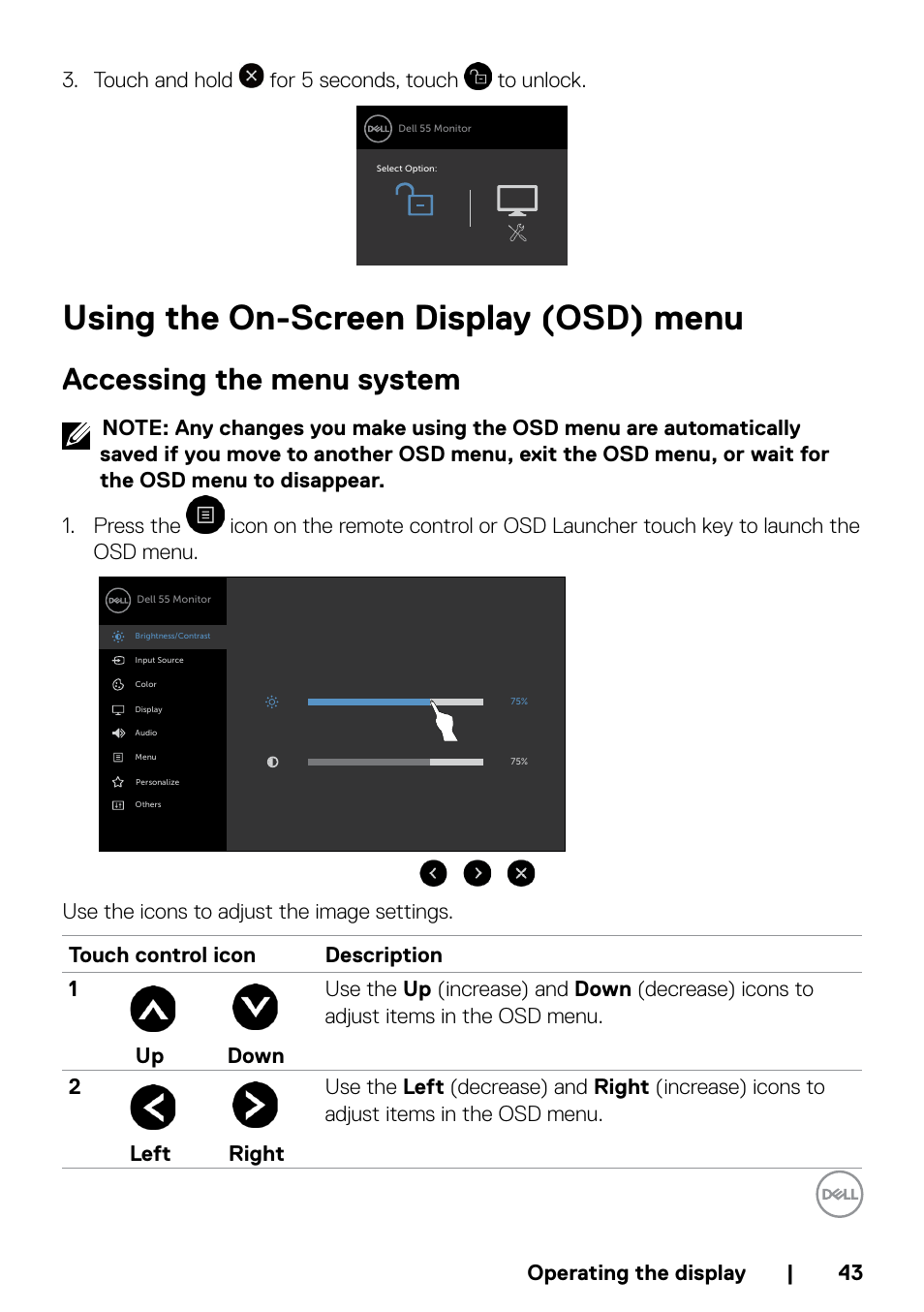 Using the on-screen display (osd) menu, Accessing the menu system | Dell P5524QT 55" UHD 4K Touchscreen Commercial Monitor User Manual | Page 43 / 75