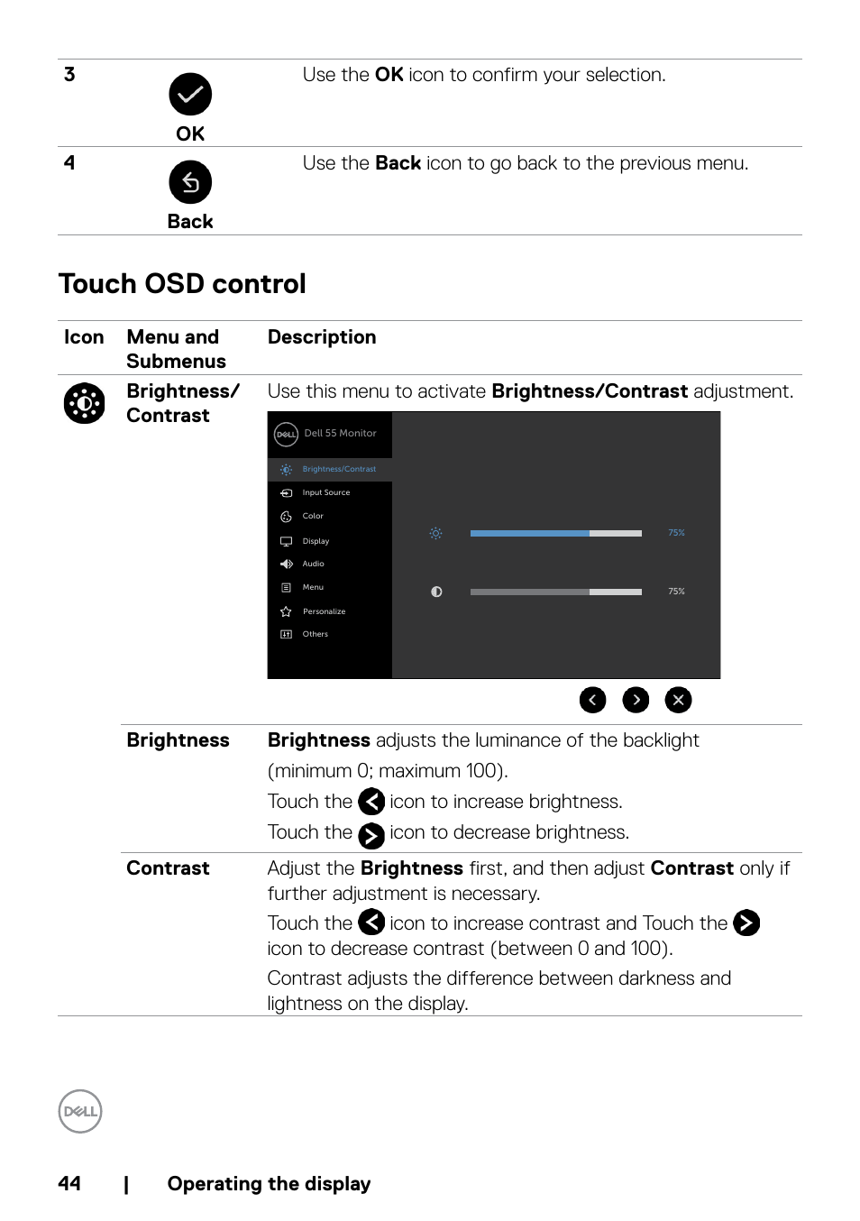 Touch osd control | Dell P5524QT 55" UHD 4K Touchscreen Commercial Monitor User Manual | Page 44 / 75