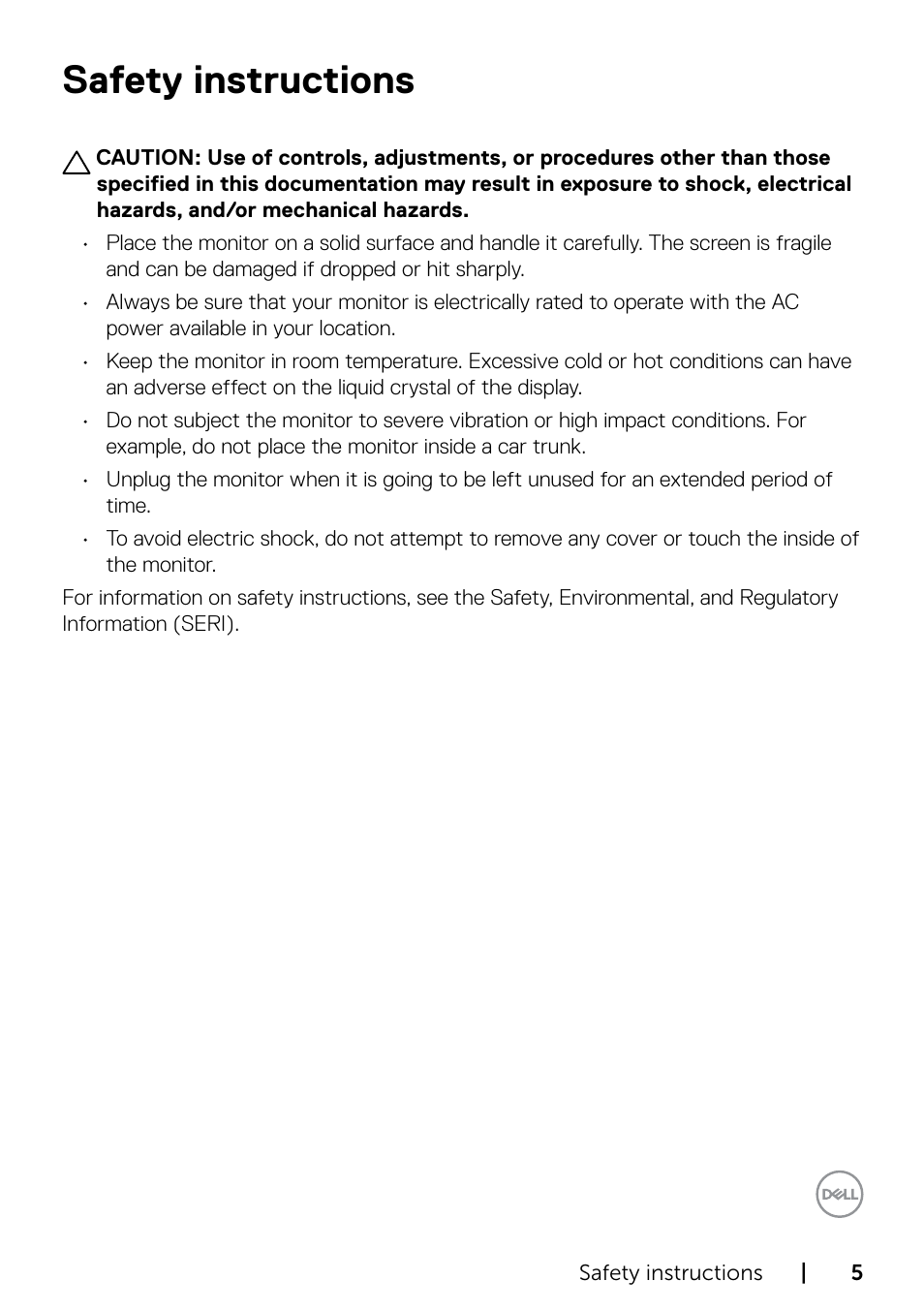 Safety instructions | Dell P5524QT 55" UHD 4K Touchscreen Commercial Monitor User Manual | Page 5 / 75