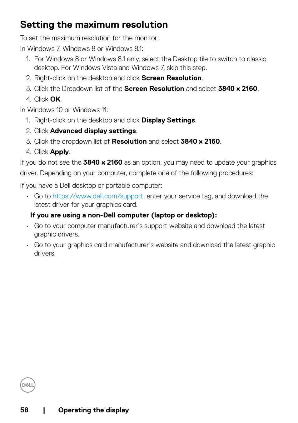 Setting the maximum resolution | Dell P5524QT 55" UHD 4K Touchscreen Commercial Monitor User Manual | Page 58 / 75