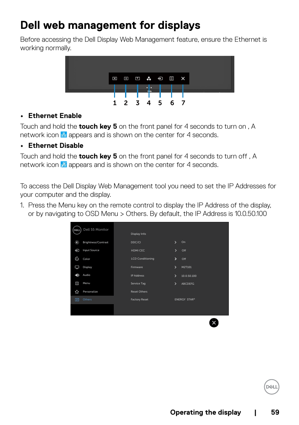 Dell web management for displays, Operating the display | 59 | Dell P5524QT 55" UHD 4K Touchscreen Commercial Monitor User Manual | Page 59 / 75