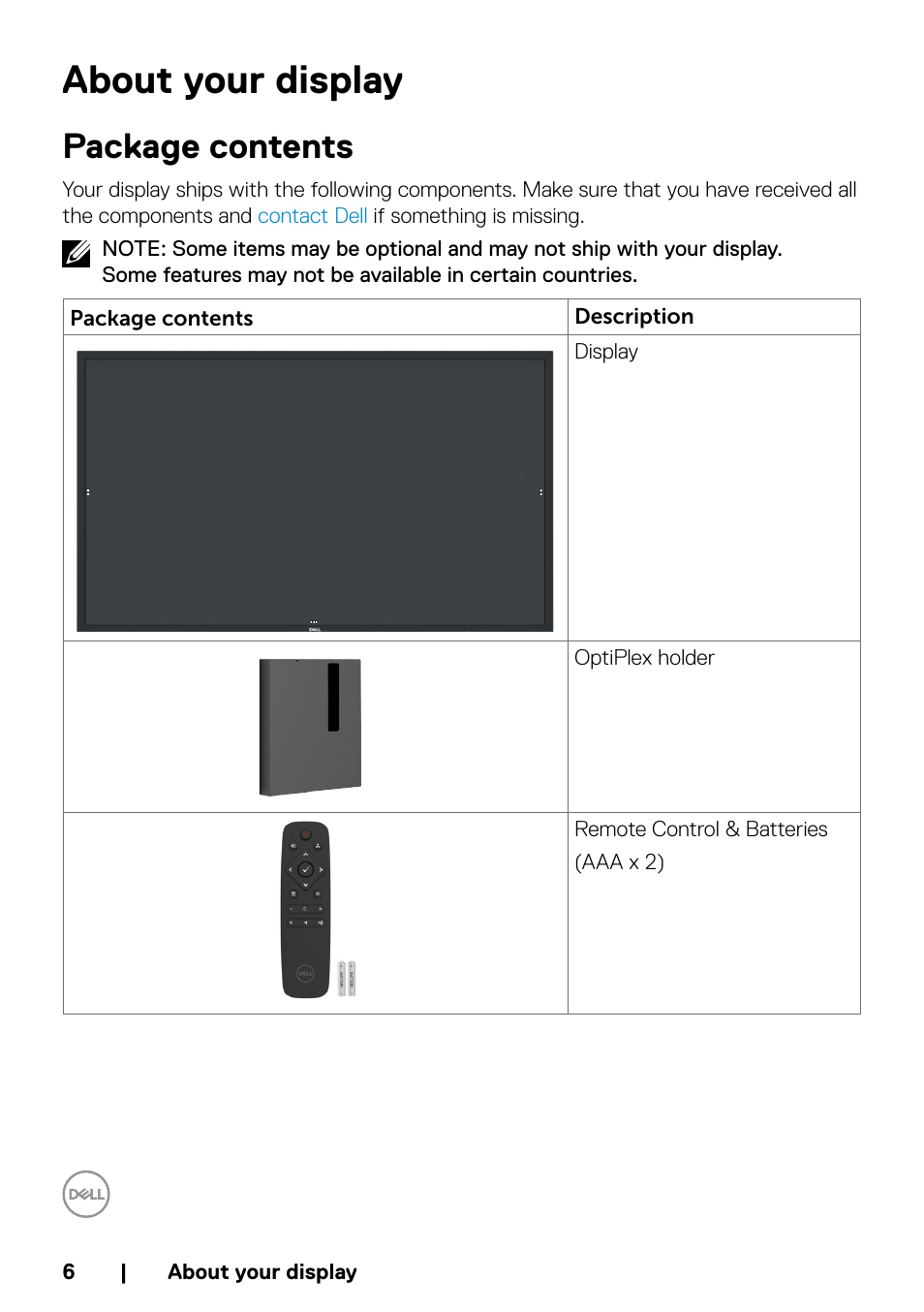 About your display, Package contents | Dell P5524QT 55" UHD 4K Touchscreen Commercial Monitor User Manual | Page 6 / 75
