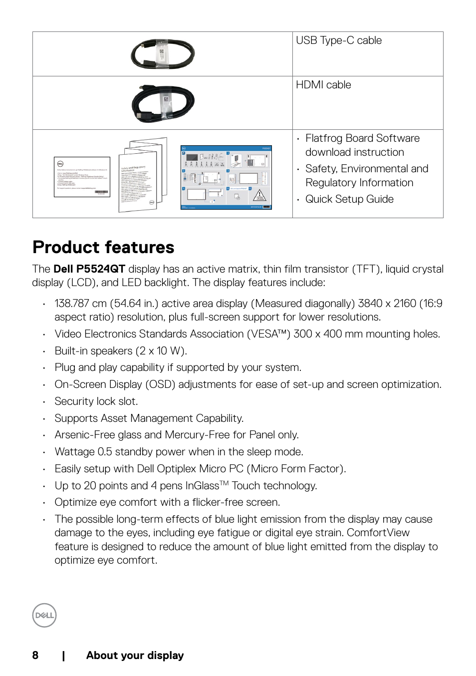 Product features | Dell P5524QT 55" UHD 4K Touchscreen Commercial Monitor User Manual | Page 8 / 75