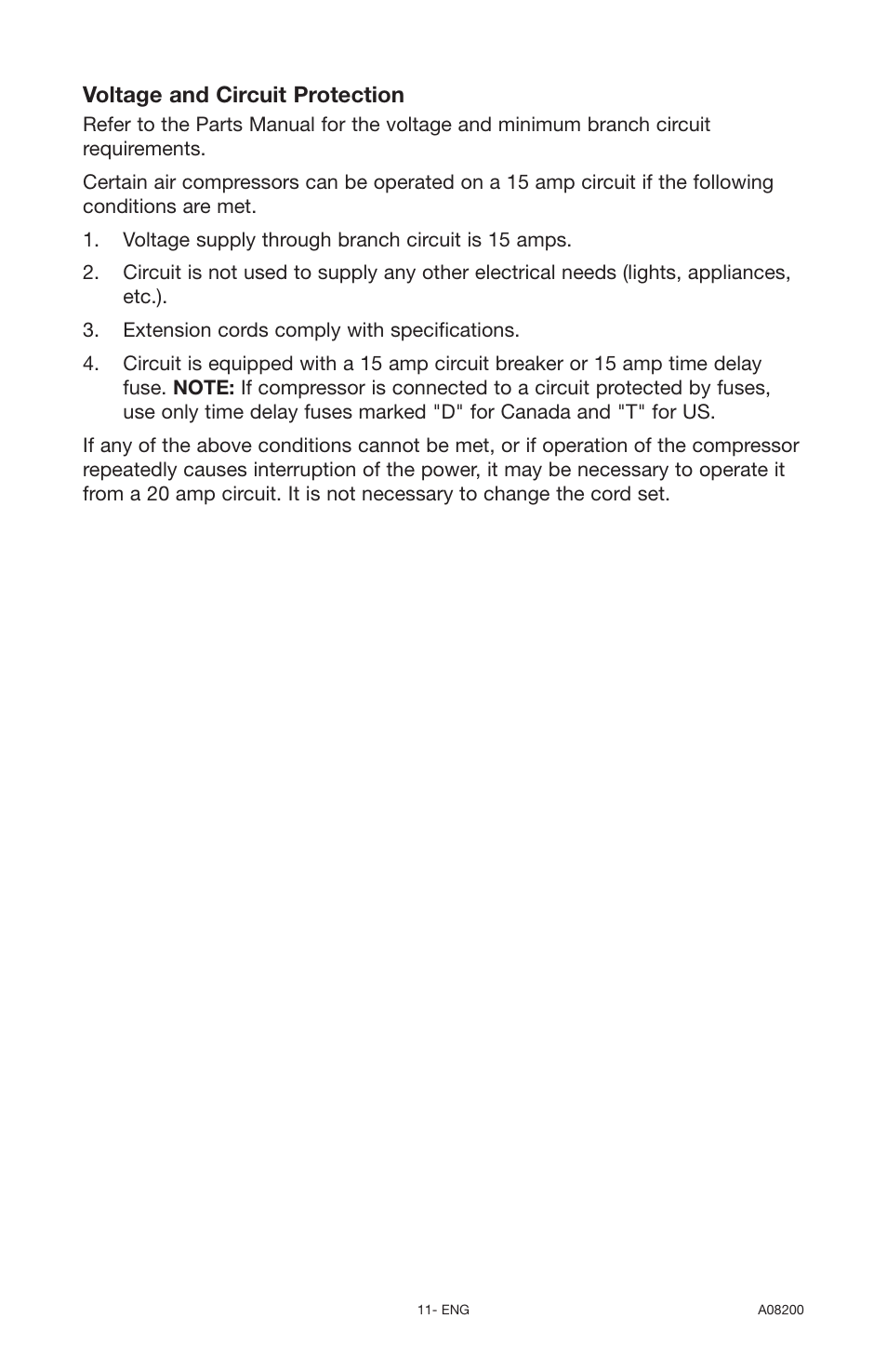 Voltage and circuit protection | Delta OIL-FREE AIR COMPRESSOR CP503 User Manual | Page 11 / 20