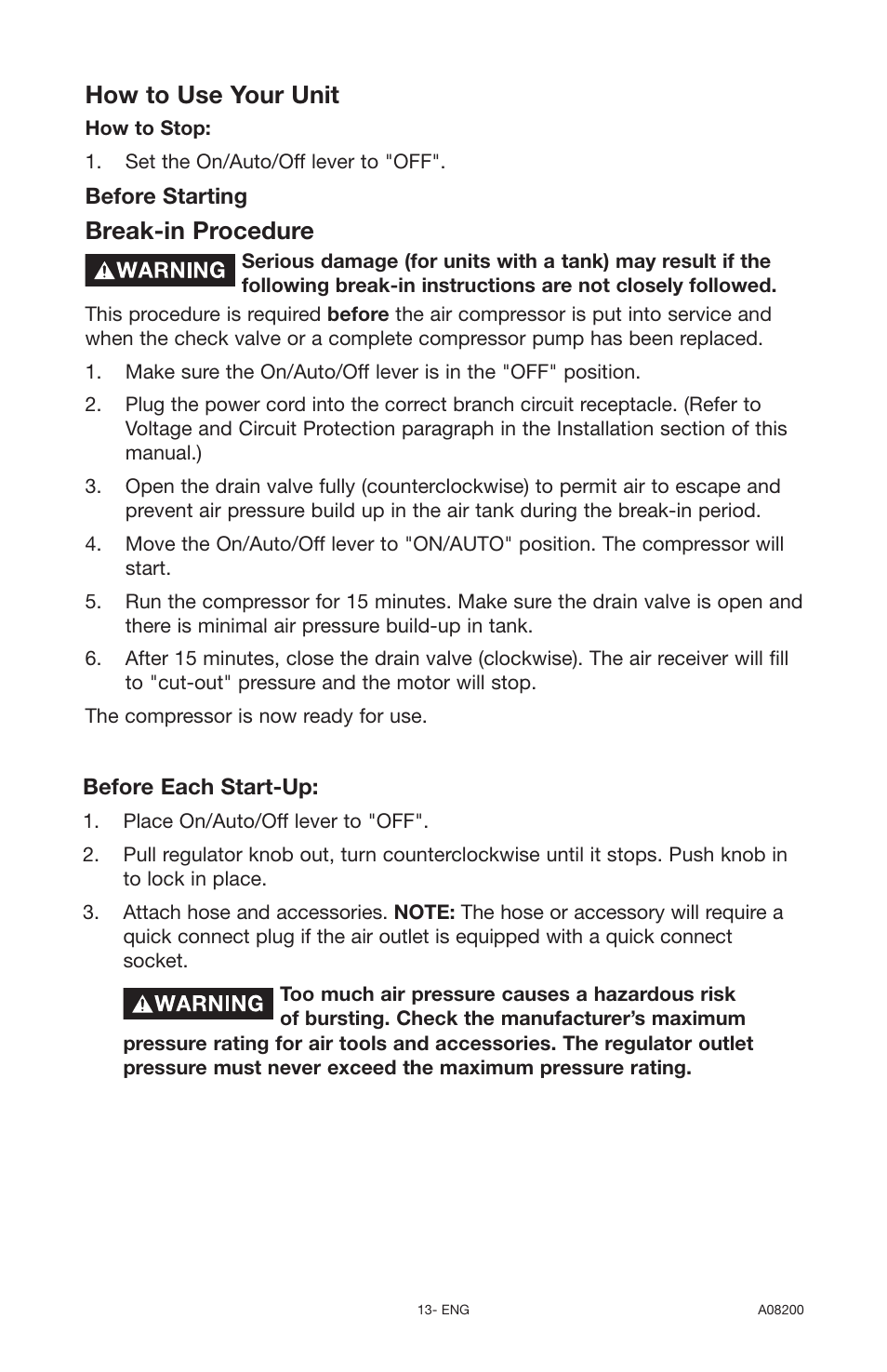 Break-in procedure, How to use your unit | Delta OIL-FREE AIR COMPRESSOR CP503 User Manual | Page 13 / 20