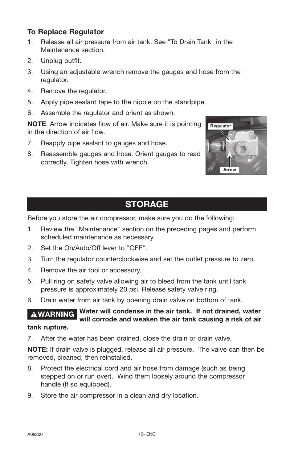 Storage | Delta OIL-FREE AIR COMPRESSOR CP503 User Manual | Page 16 / 20