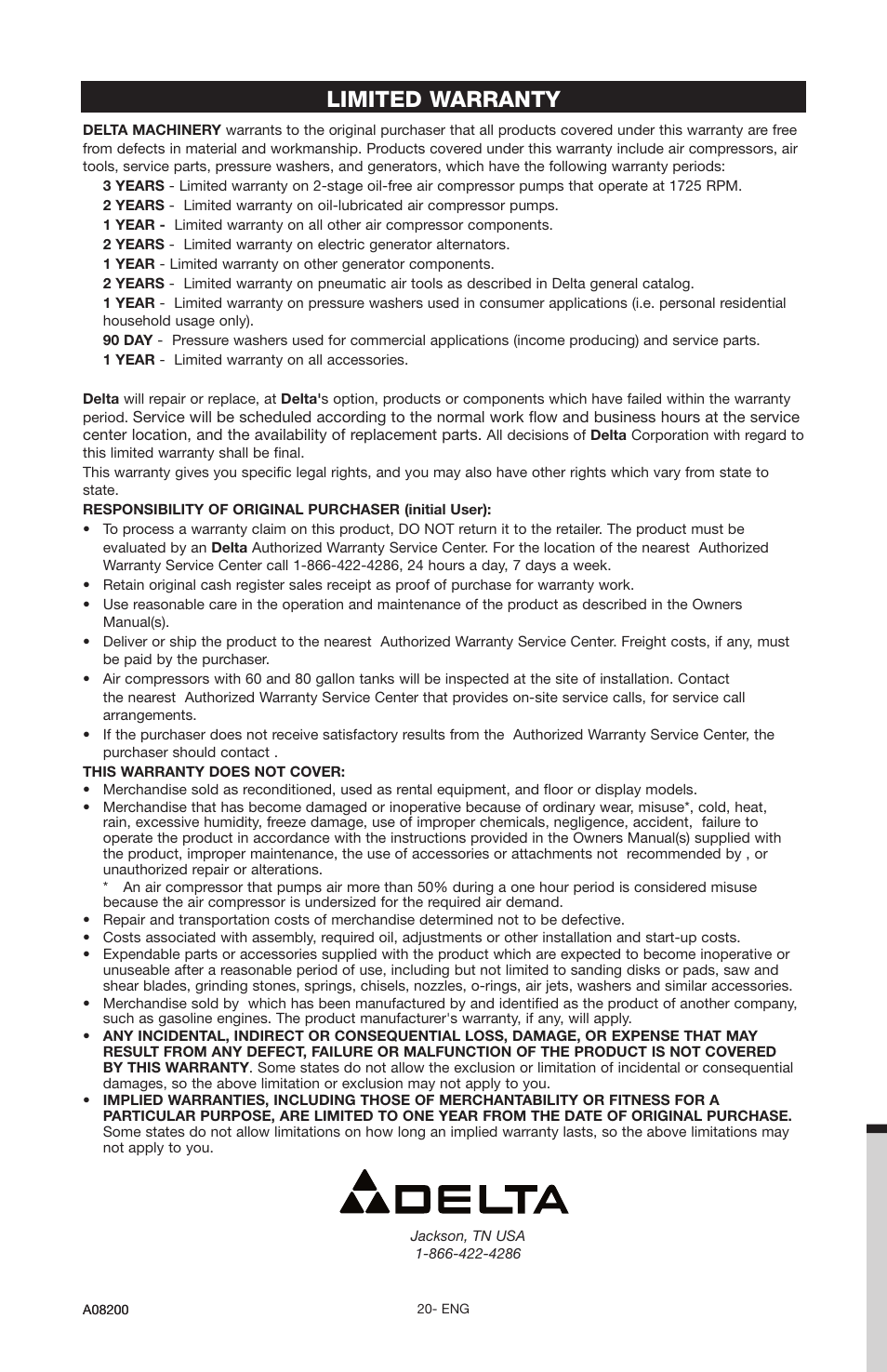 Limited warranty | Delta OIL-FREE AIR COMPRESSOR CP503 User Manual | Page 20 / 20