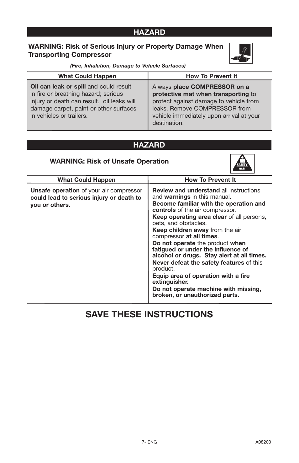 Save these instructions, Hazard | Delta OIL-FREE AIR COMPRESSOR CP503 User Manual | Page 7 / 20