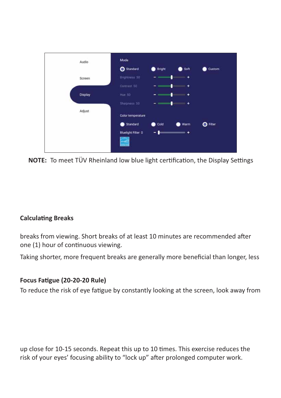 Low blue light filter and eye health | VIEWSONIC ViewBoard 55" UHD 4K Interactive Display User Manual | Page 46 / 139