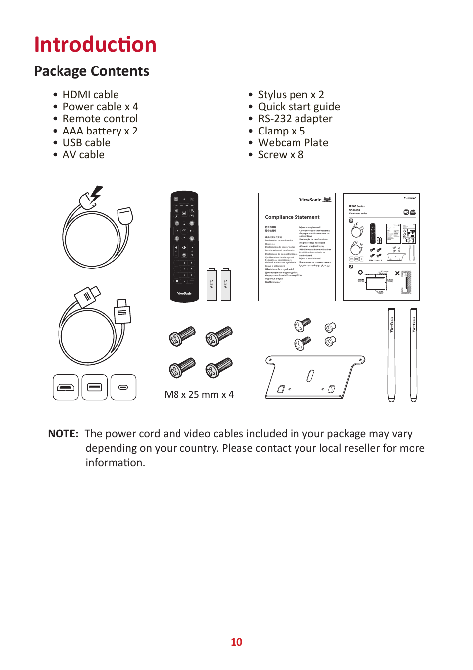 Introduction, Package contents | VIEWSONIC ViewBoard IFP8662 86" 4K Interactive Display User Manual | Page 10 / 142