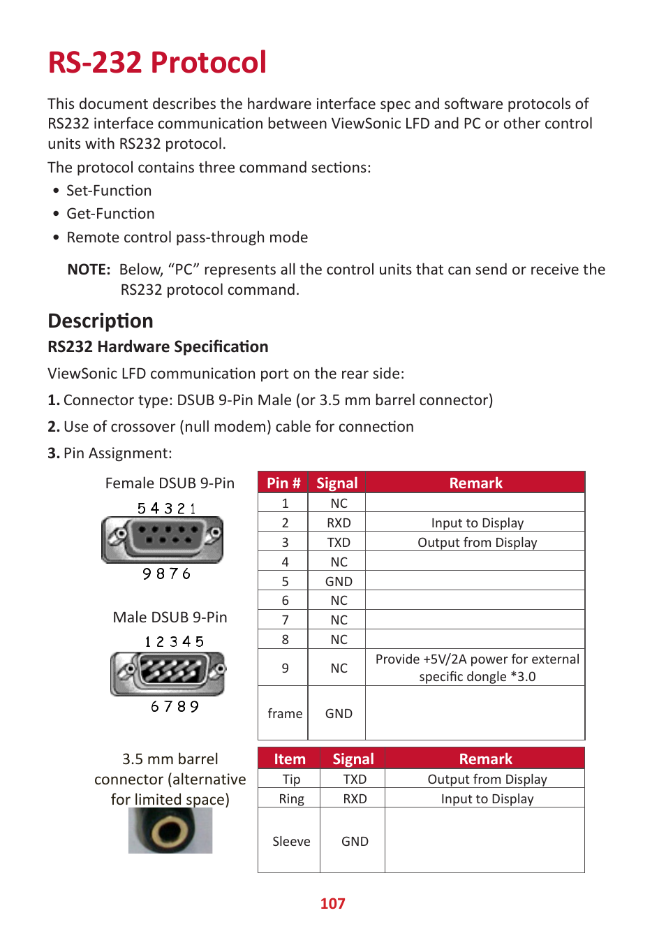 Rs-232 protocol, Description, Rs232 hardware specification | VIEWSONIC ViewBoard IFP8662 86" 4K Interactive Display User Manual | Page 107 / 142