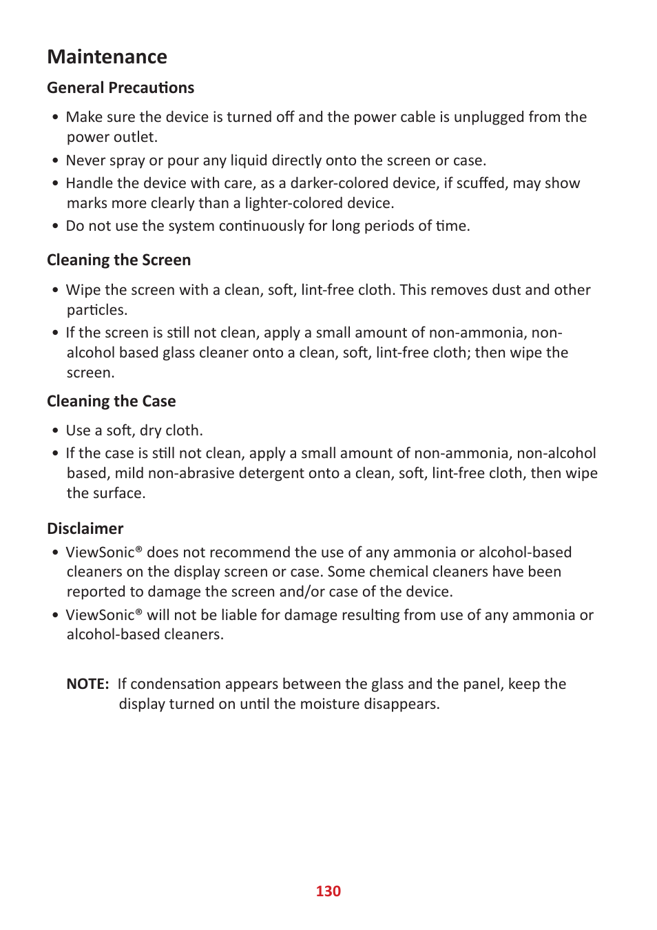 Maintenance, General precautions, Cleaning the screen | Cleaning the case | VIEWSONIC ViewBoard IFP8662 86" 4K Interactive Display User Manual | Page 130 / 142