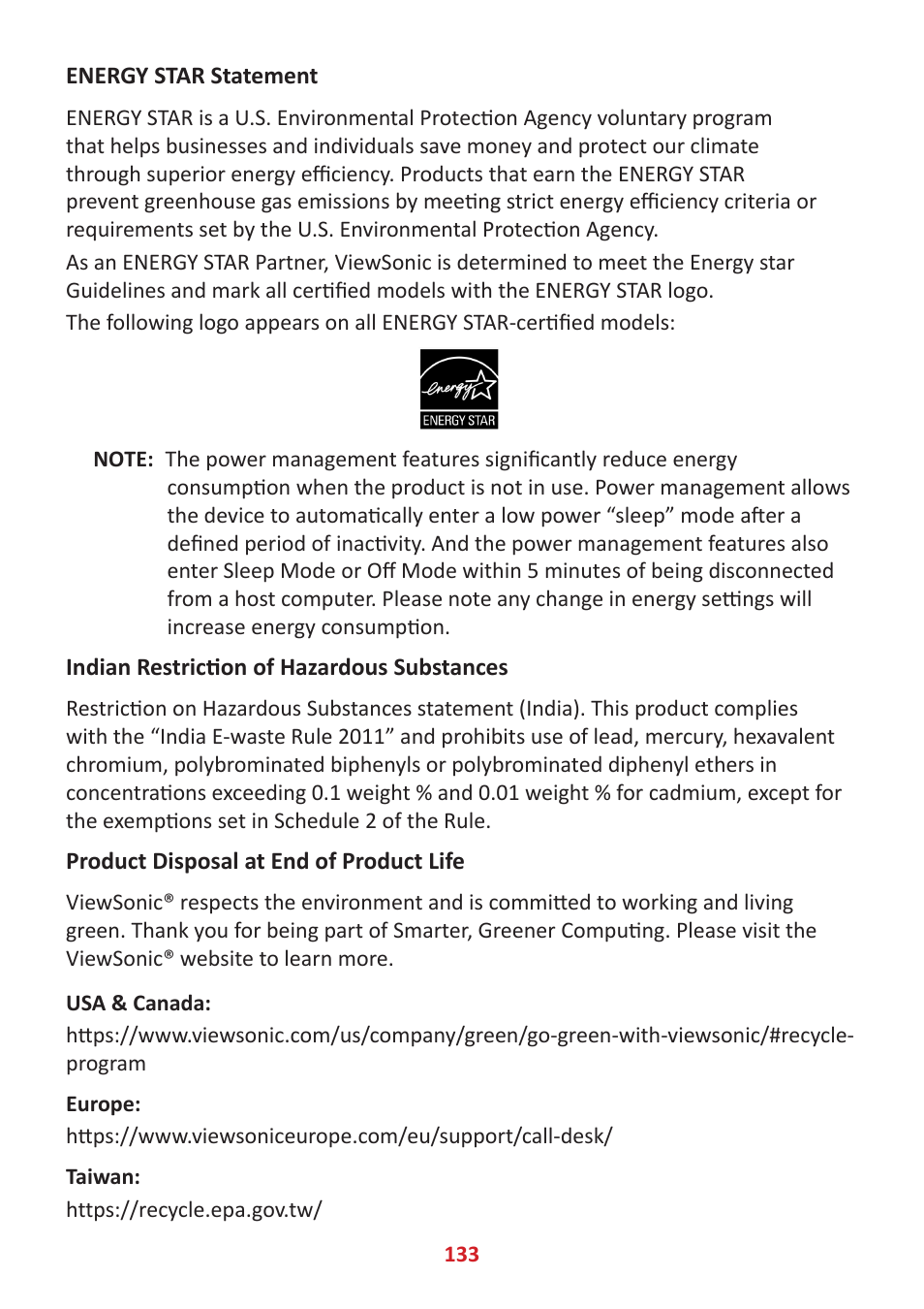 Energy star statement, Indian restriction of hazardous substances, Product disposal at end of product life | VIEWSONIC ViewBoard IFP8662 86" 4K Interactive Display User Manual | Page 133 / 142