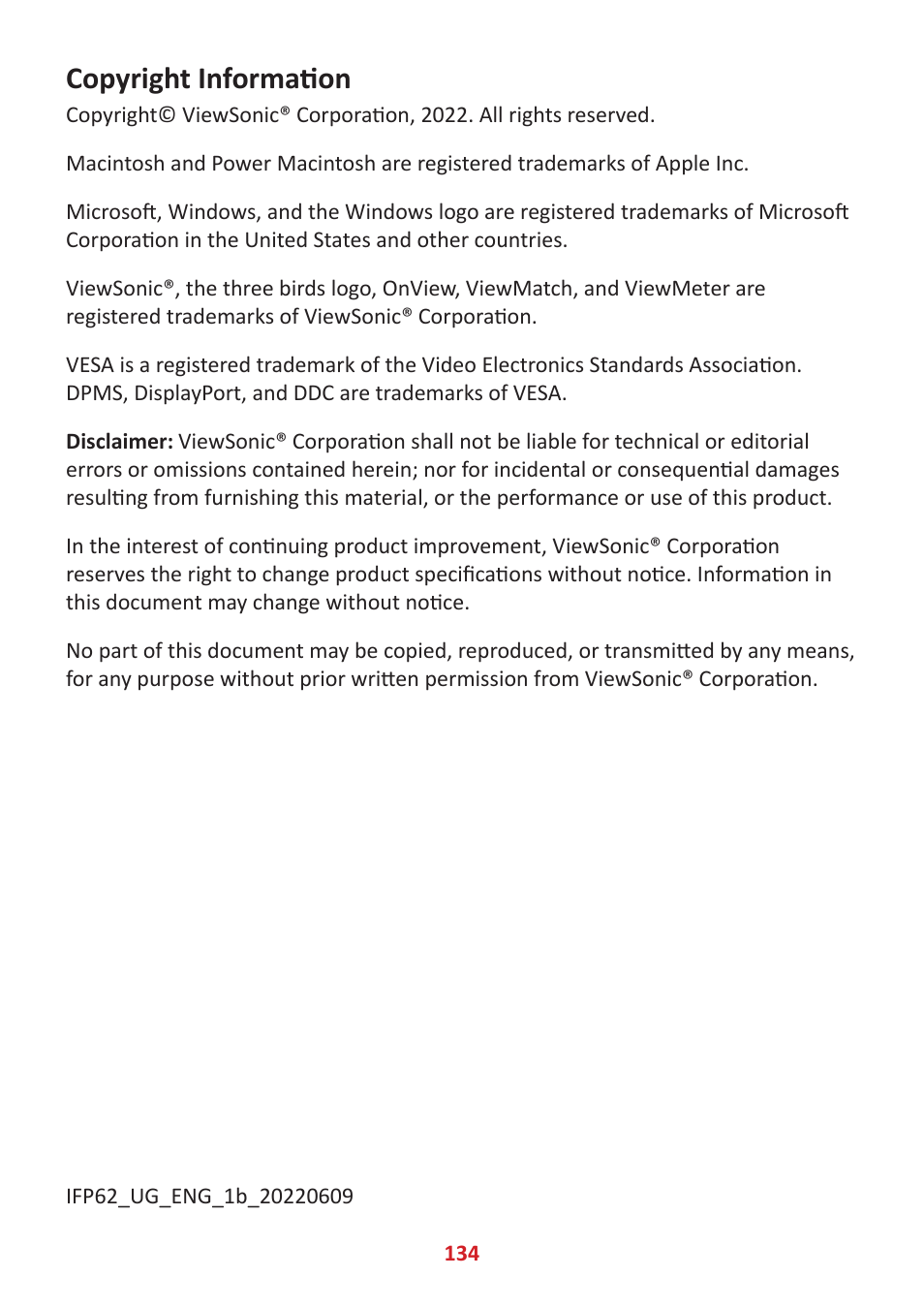 Copyright information | VIEWSONIC ViewBoard IFP8662 86" 4K Interactive Display User Manual | Page 134 / 142