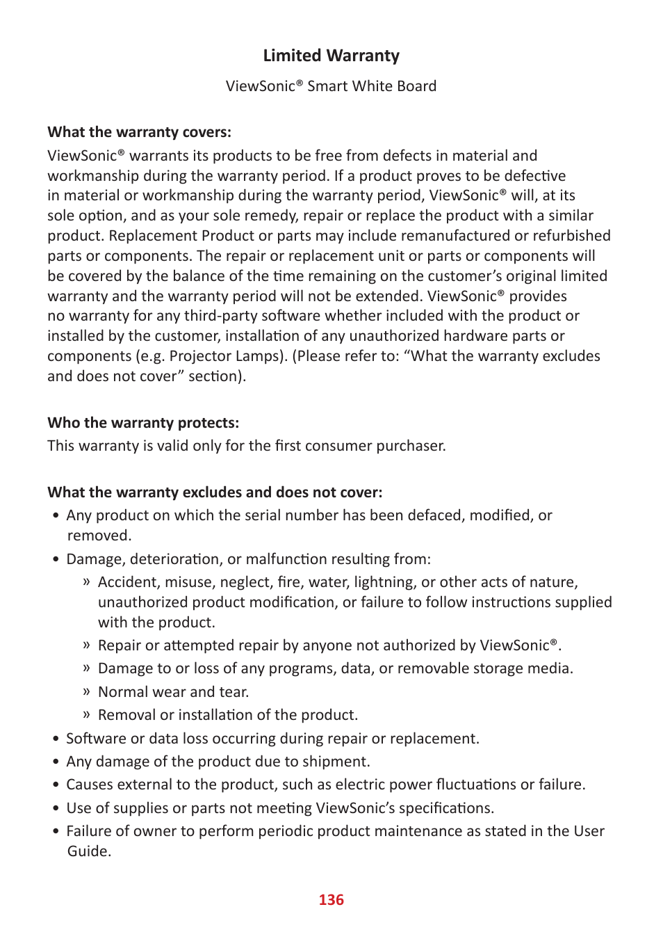 Limited warranty | VIEWSONIC ViewBoard IFP8662 86" 4K Interactive Display User Manual | Page 136 / 142
