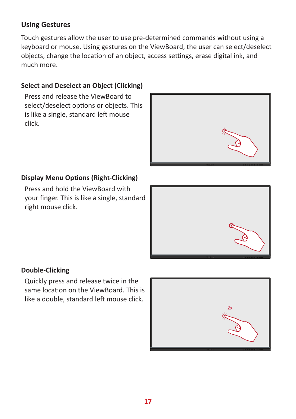 Using gestures | VIEWSONIC ViewBoard IFP8662 86" 4K Interactive Display User Manual | Page 17 / 142