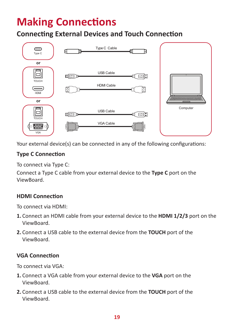 Making connections, Connecting external devices and touch connection, Type c connection | Hdmi connection, Vga connection | VIEWSONIC ViewBoard IFP8662 86" 4K Interactive Display User Manual | Page 19 / 142