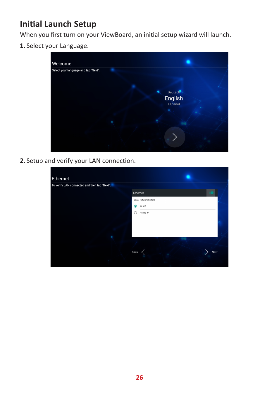 Initial launch setup | VIEWSONIC ViewBoard IFP8662 86" 4K Interactive Display User Manual | Page 26 / 142