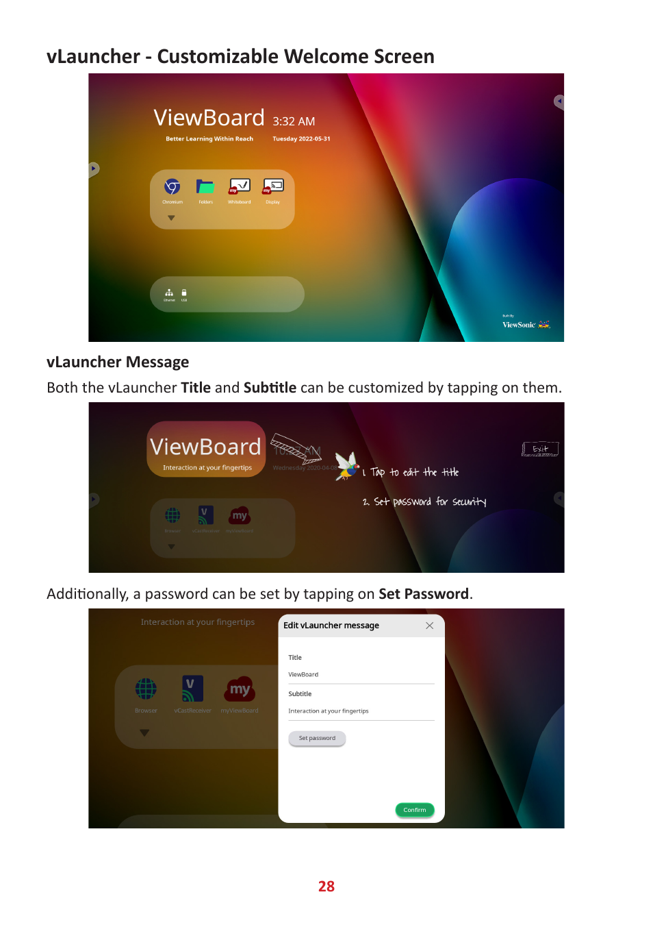 Vlauncher - customizable welcome screen, Vlauncher message | VIEWSONIC ViewBoard IFP8662 86" 4K Interactive Display User Manual | Page 28 / 142