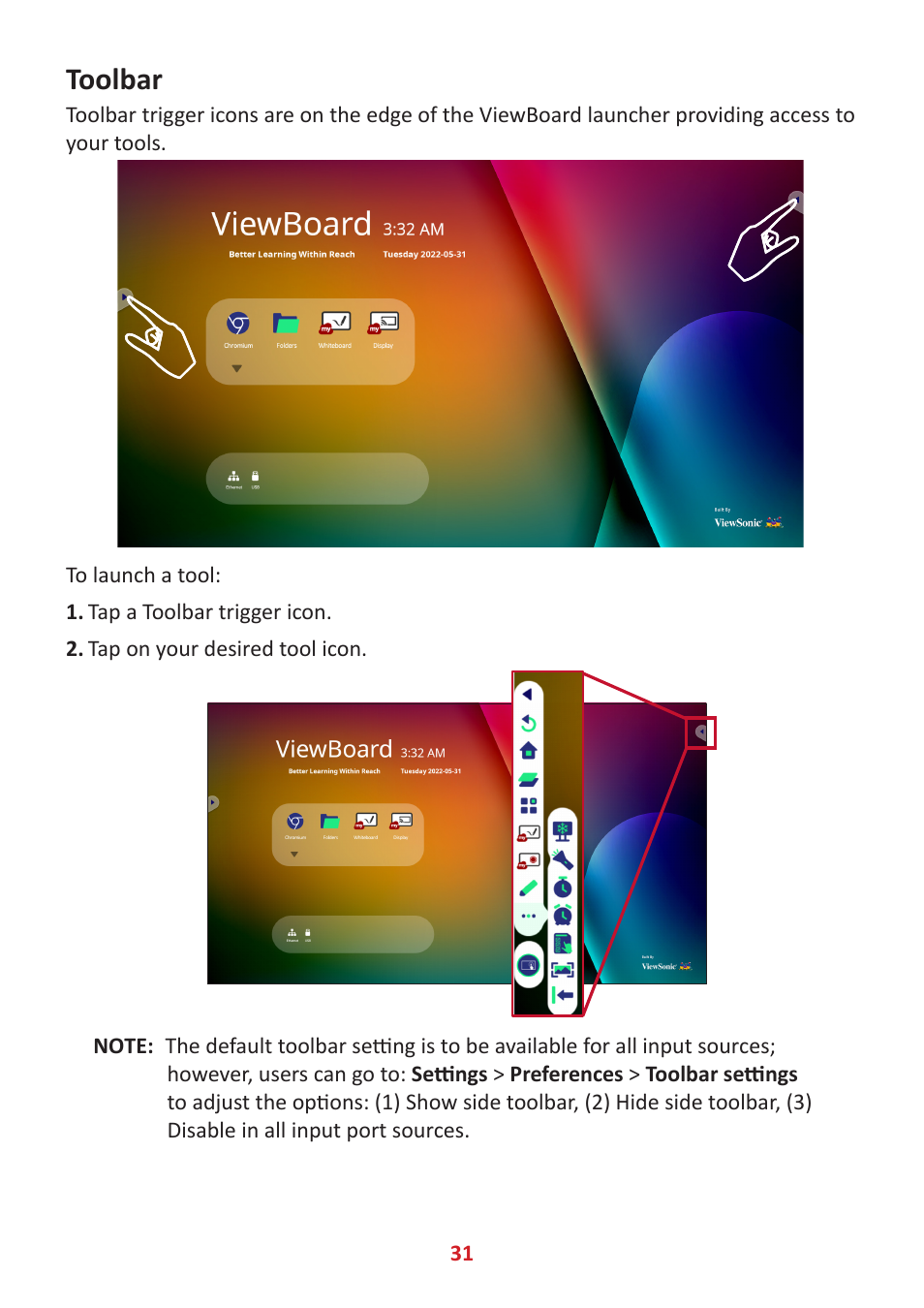 Toolbar | VIEWSONIC ViewBoard IFP8662 86" 4K Interactive Display User Manual | Page 31 / 142