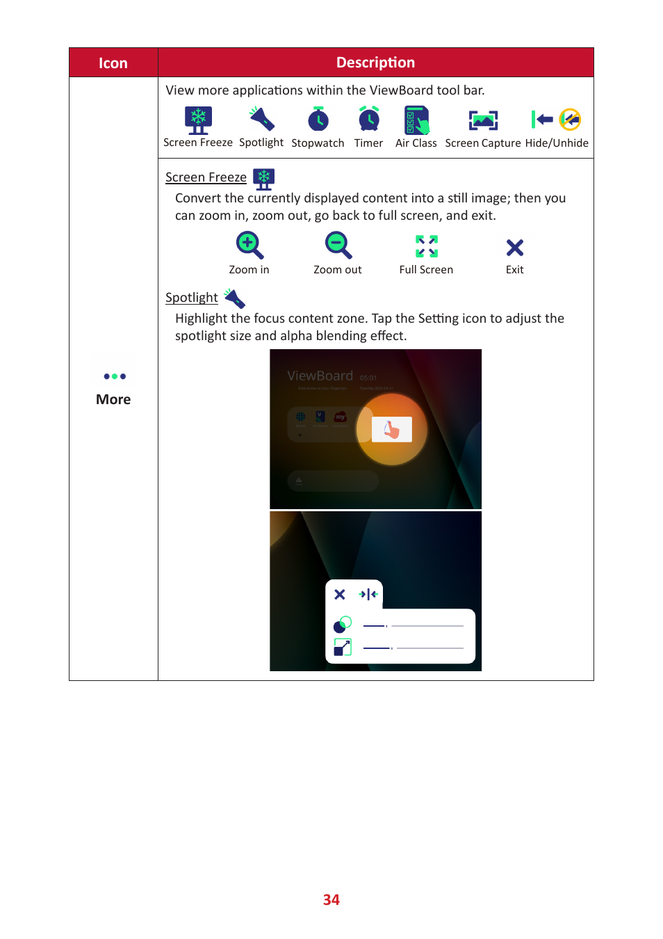 34 icon description | VIEWSONIC ViewBoard IFP8662 86" 4K Interactive Display User Manual | Page 34 / 142