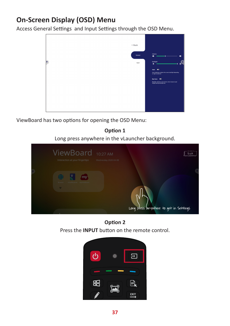 On-screen display (osd) menu | VIEWSONIC ViewBoard IFP8662 86" 4K Interactive Display User Manual | Page 37 / 142