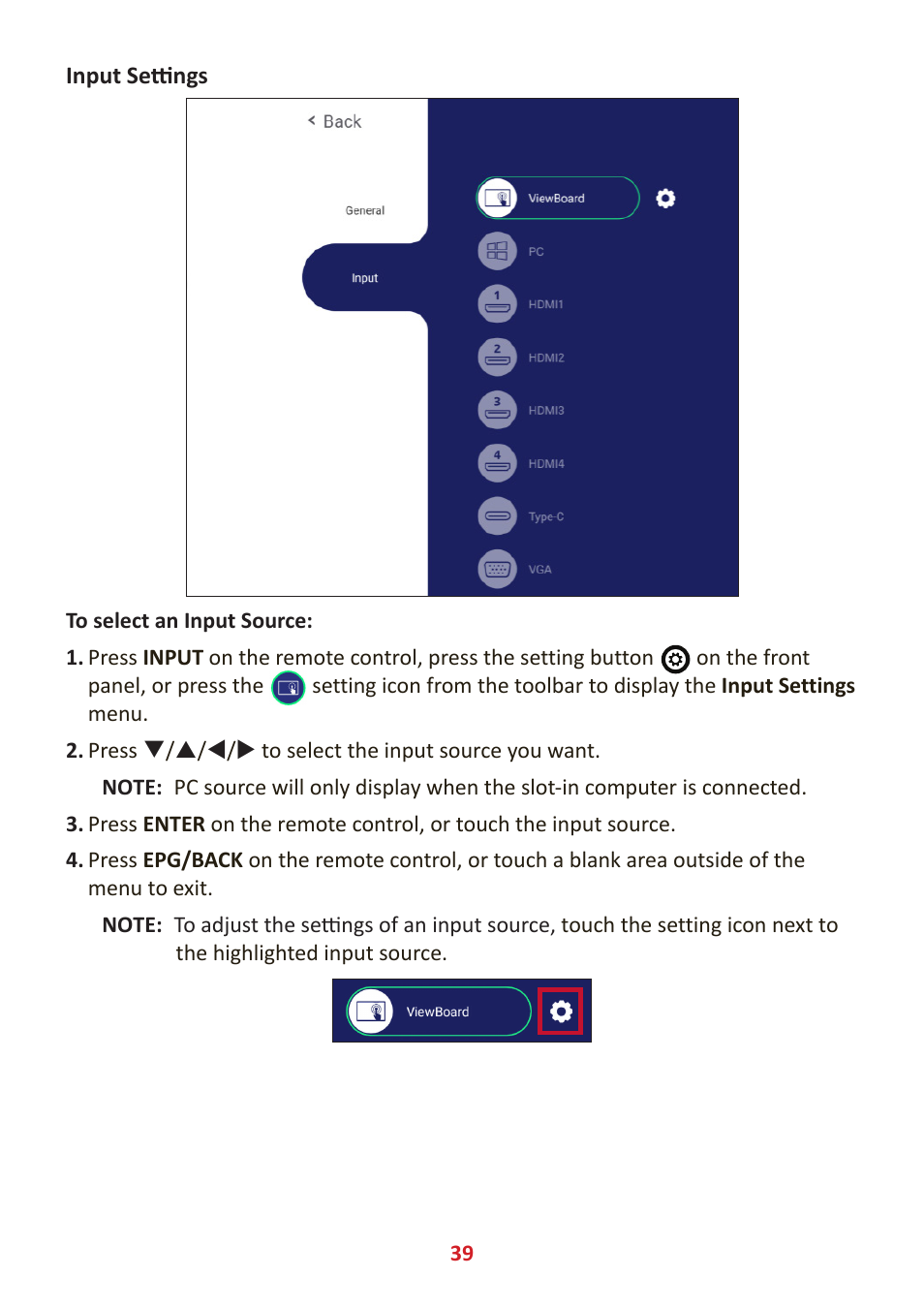 Input settings | VIEWSONIC ViewBoard IFP8662 86" 4K Interactive Display User Manual | Page 39 / 142