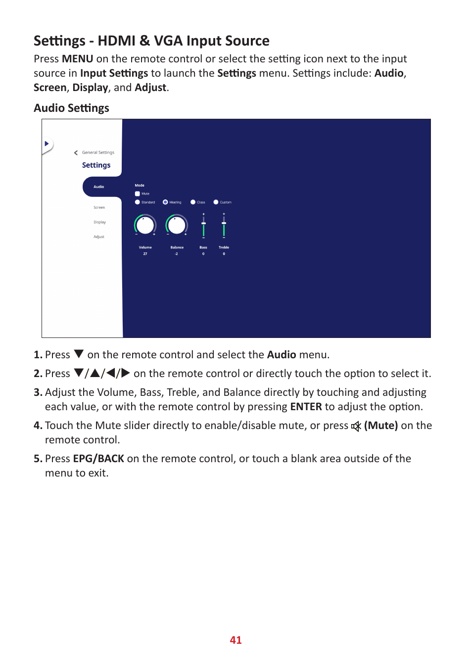 Settings - hdmi & vga input source, Audio settings | VIEWSONIC ViewBoard IFP8662 86" 4K Interactive Display User Manual | Page 41 / 142