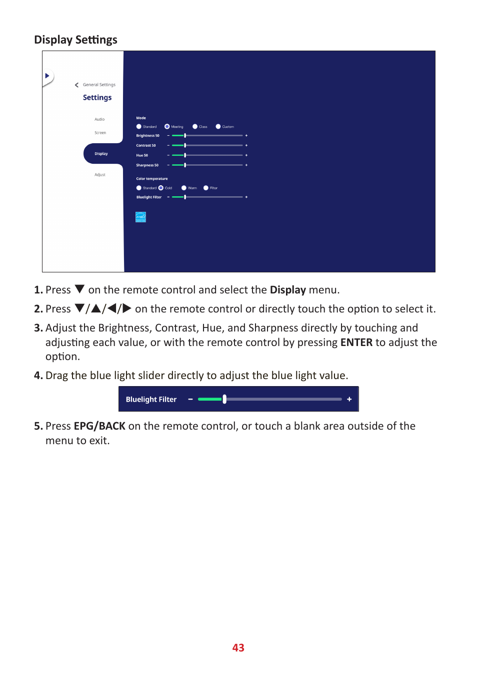 Display settings | VIEWSONIC ViewBoard IFP8662 86" 4K Interactive Display User Manual | Page 43 / 142