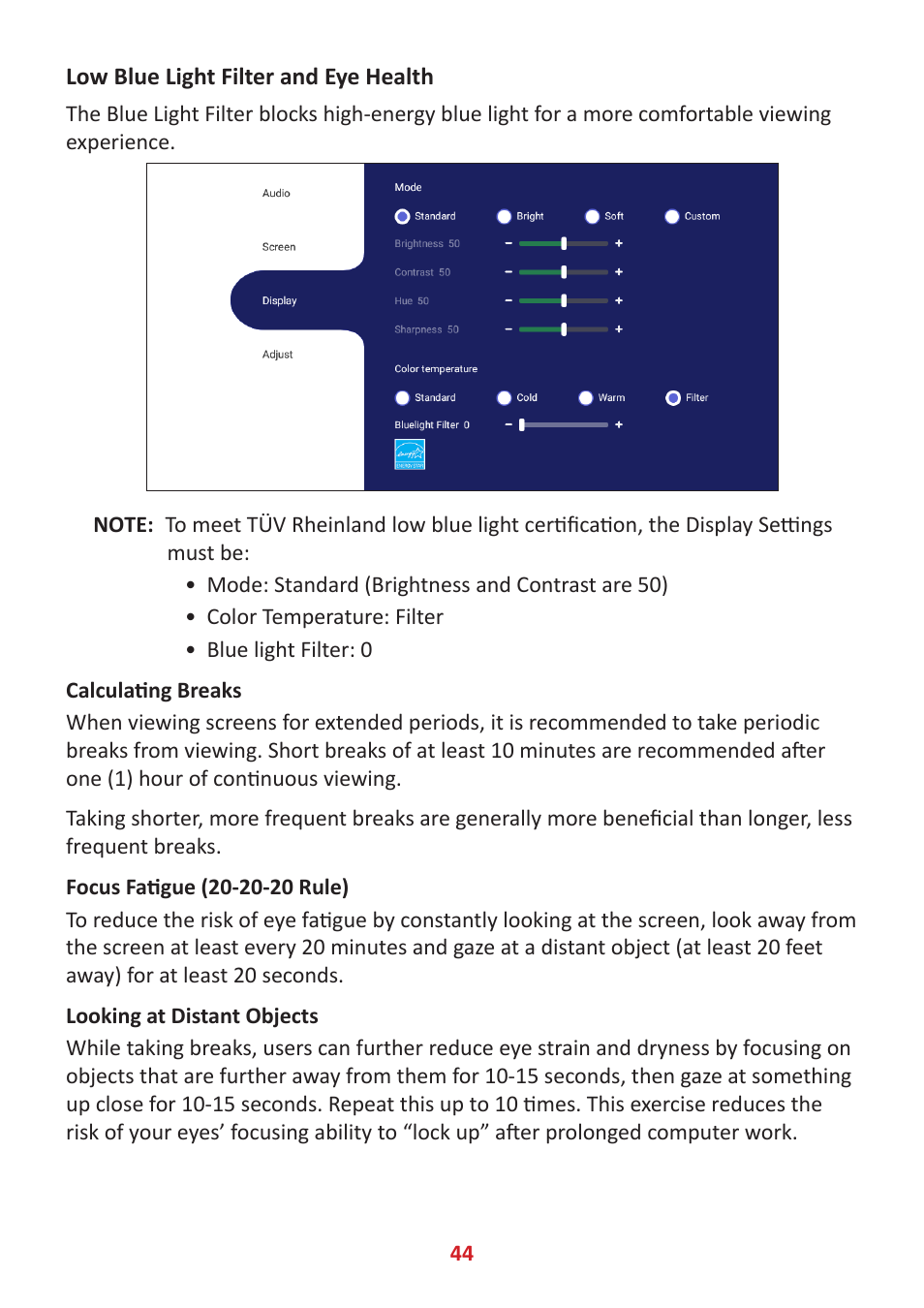 Low blue light filter and eye health | VIEWSONIC ViewBoard IFP8662 86" 4K Interactive Display User Manual | Page 44 / 142