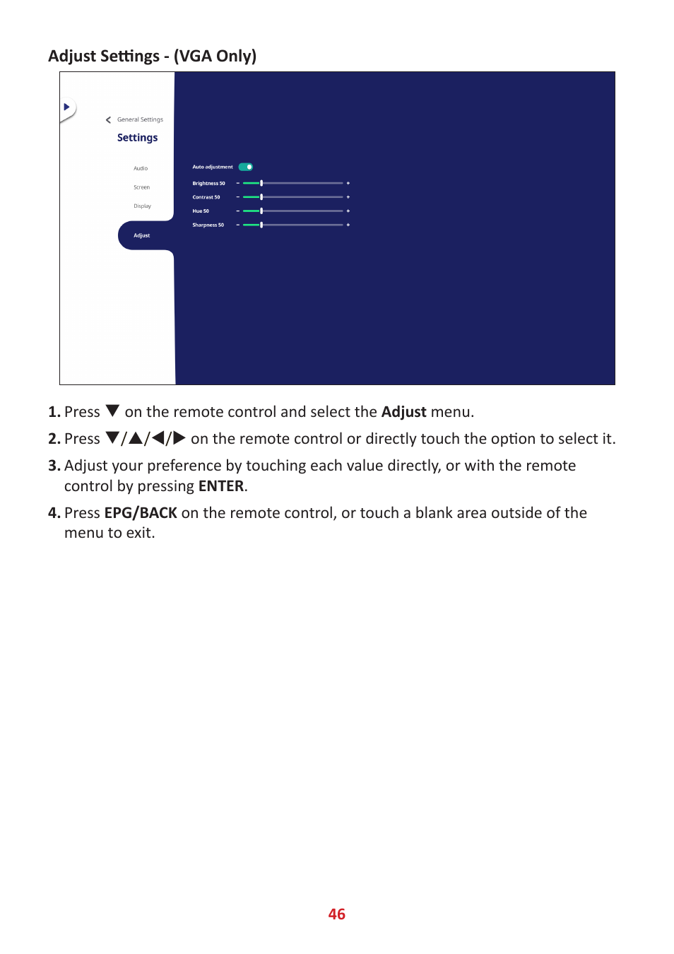 Adjust settings - (vga only) | VIEWSONIC ViewBoard IFP8662 86" 4K Interactive Display User Manual | Page 46 / 142