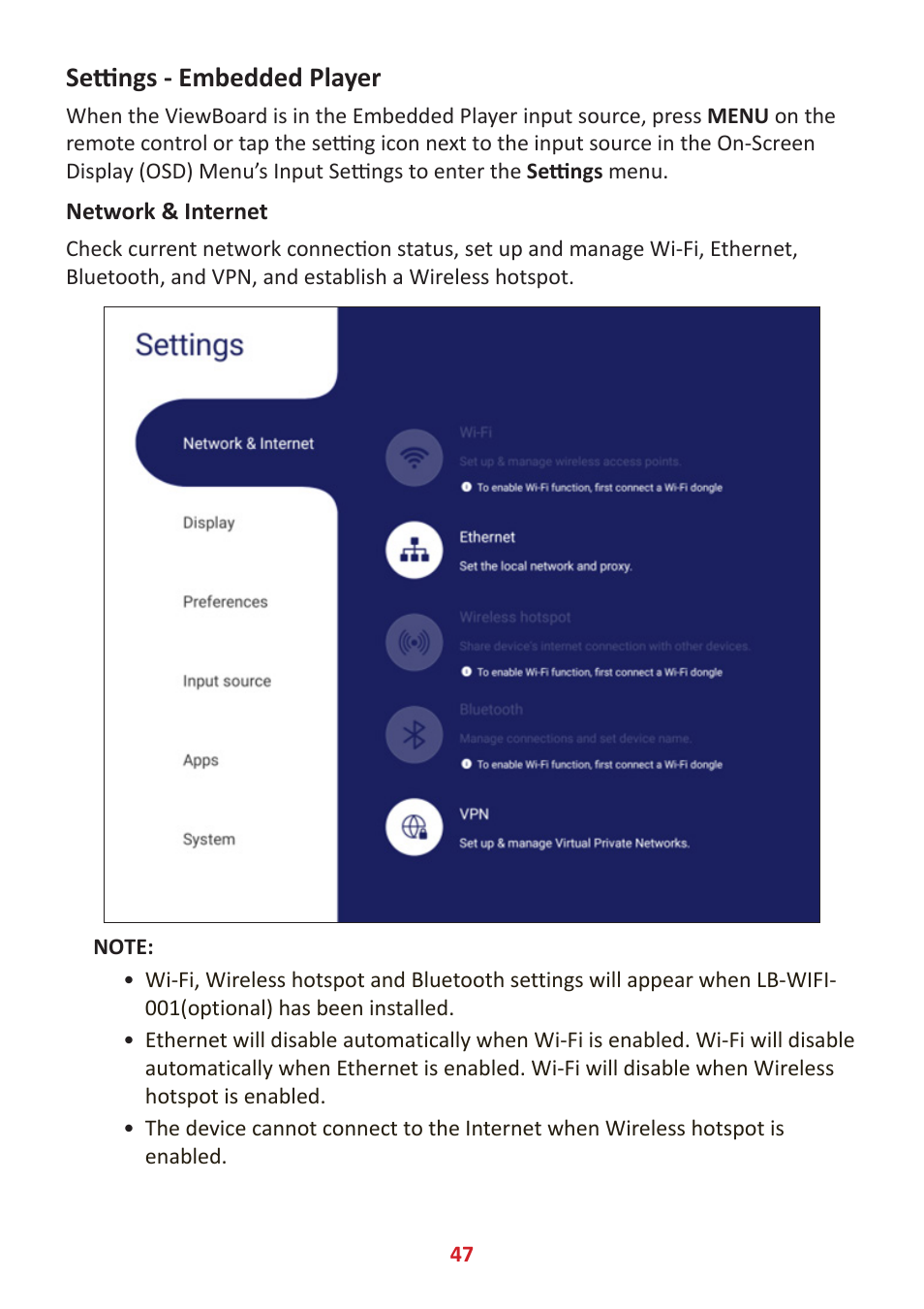 Settings - embedded player, Network & internet | VIEWSONIC ViewBoard IFP8662 86" 4K Interactive Display User Manual | Page 47 / 142