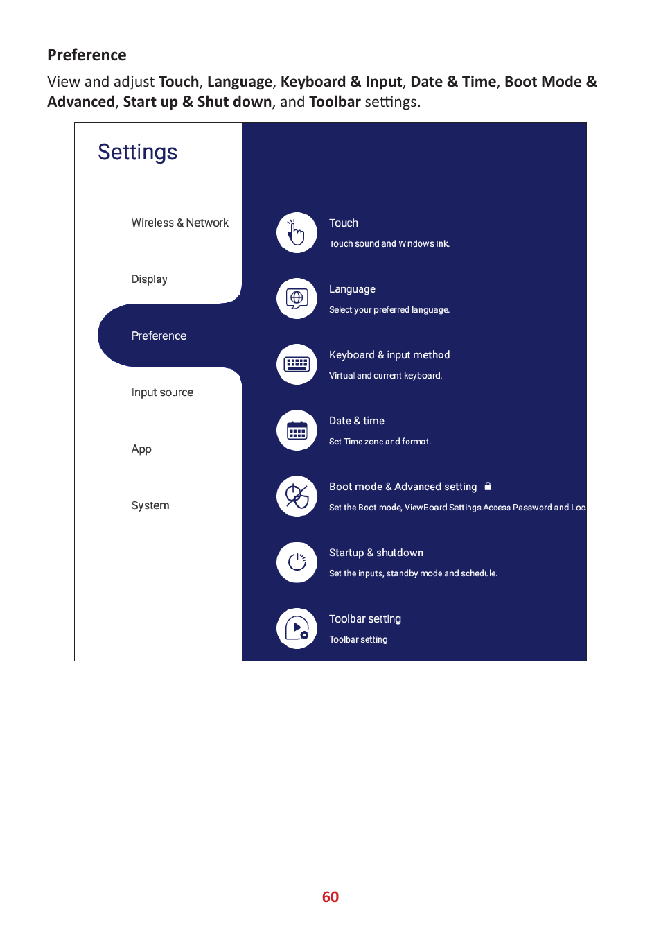 Preference | VIEWSONIC ViewBoard IFP8662 86" 4K Interactive Display User Manual | Page 60 / 142