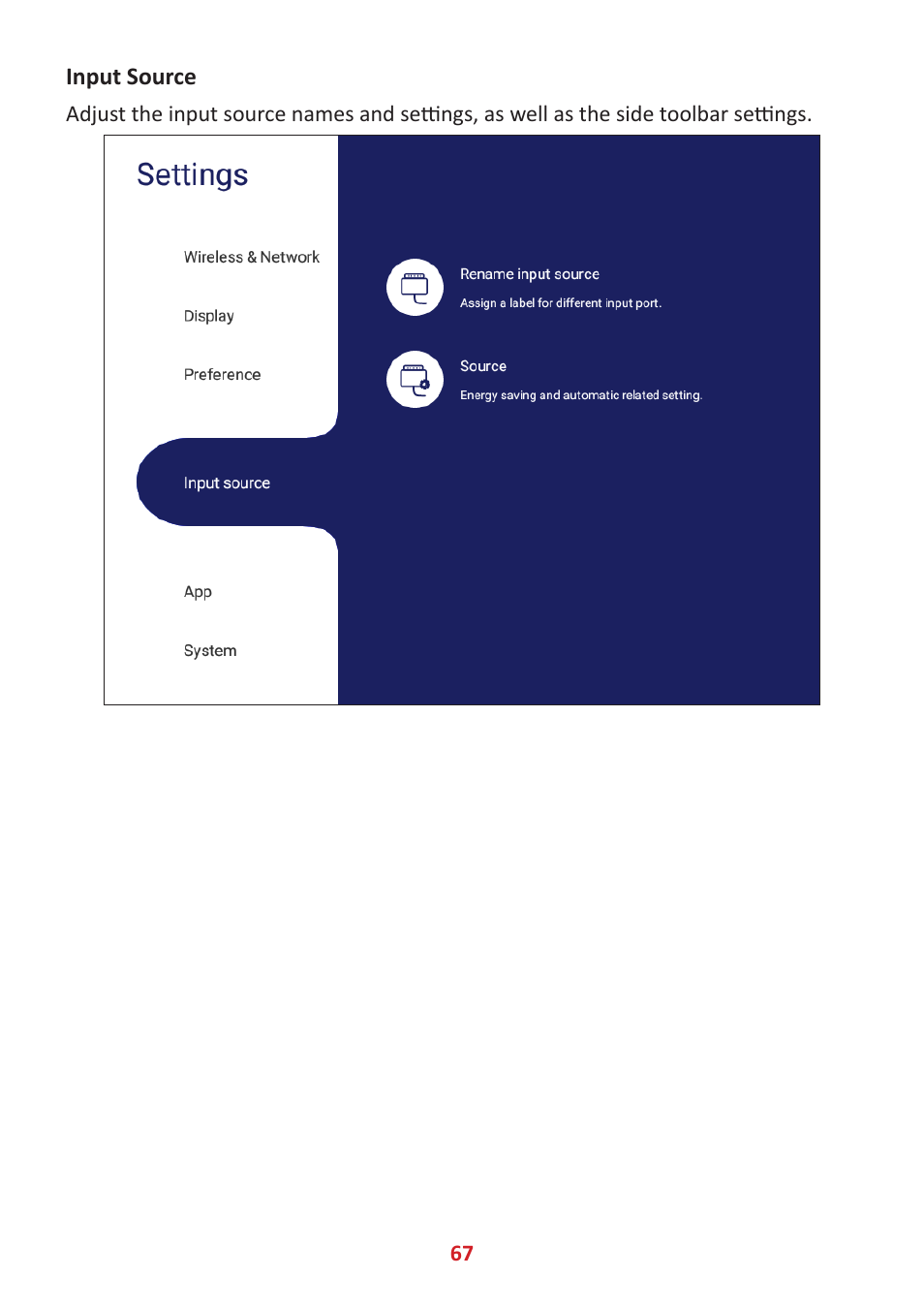 Input source | VIEWSONIC ViewBoard IFP8662 86" 4K Interactive Display User Manual | Page 67 / 142
