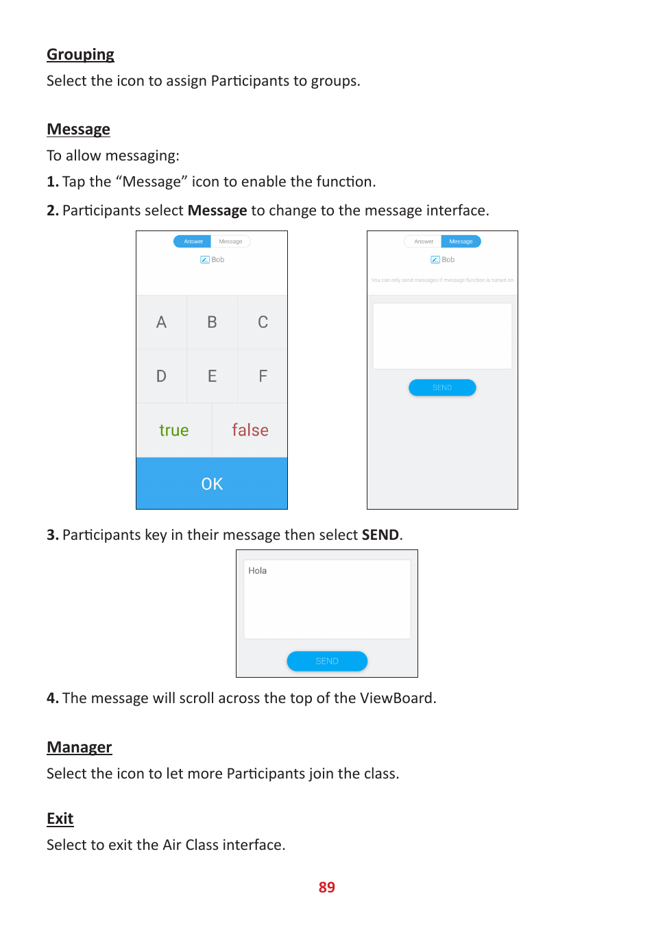 Grouping, Message, Manager | Exit | VIEWSONIC ViewBoard IFP8662 86" 4K Interactive Display User Manual | Page 89 / 142